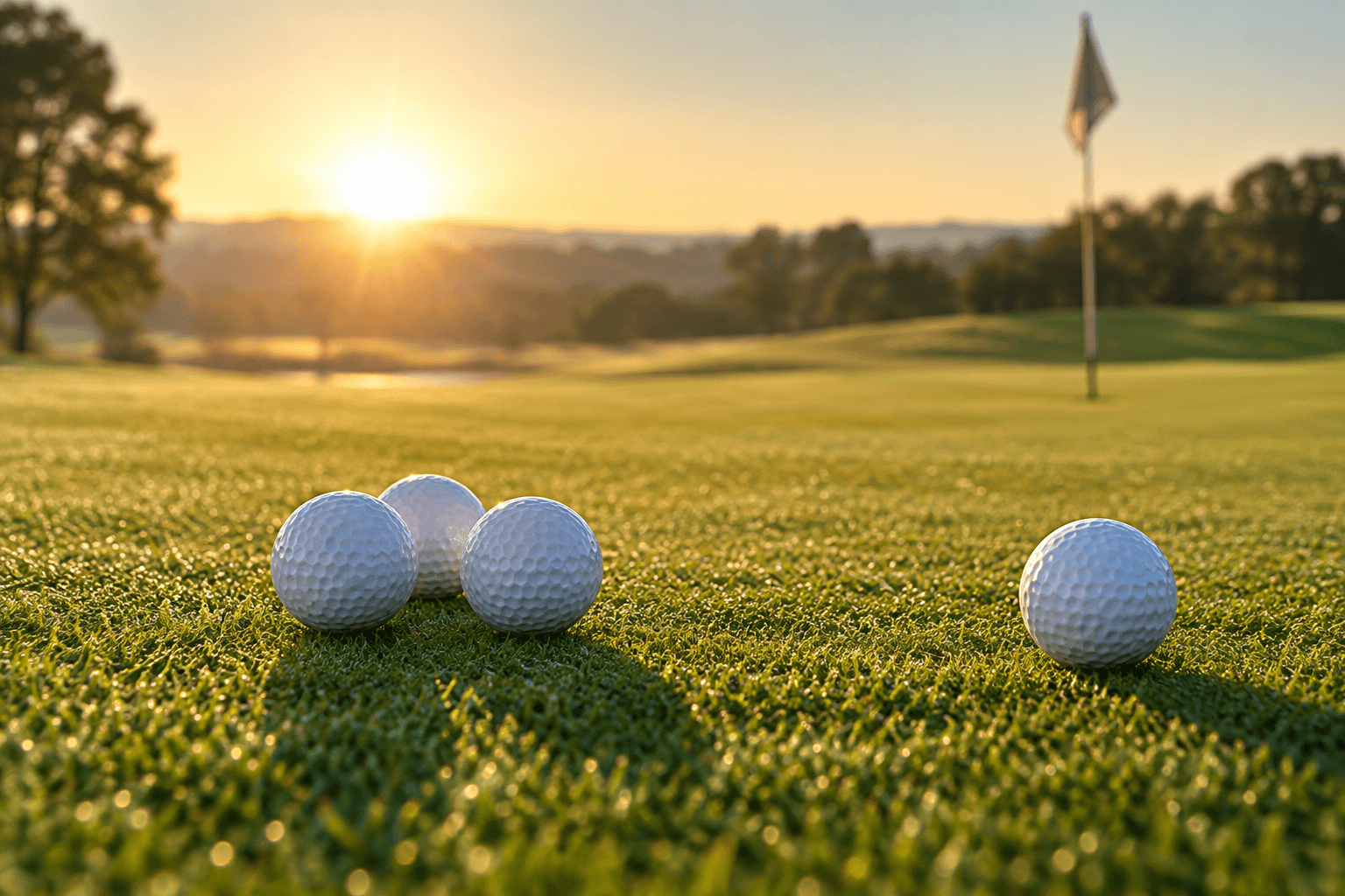 Vier Golfbälle auf dem Grün bei Sonnenaufgang, drei liegen zusammen, einer davon abseits